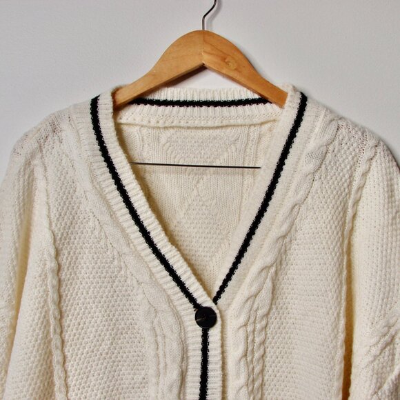 Cable Knit Cardigan Cream with Black Stripes Varsity Folklore Stars Large XL - Picture 2 of 9